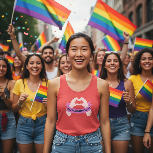 Love Is A Human Right unisex tank top worn by a smiling person at Pride, with rainbow flags, confetti