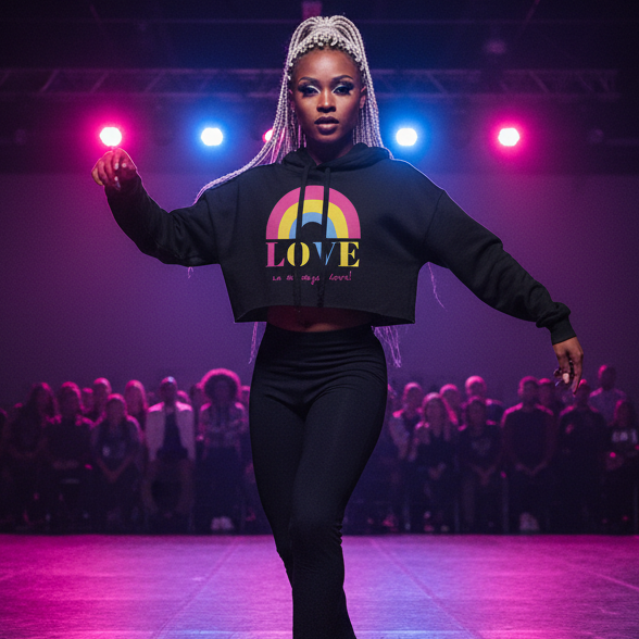Love Is Always Love! crop hoodie with a bold rainbow and “LOVE” slogan, worn by a dancer under pride lights on stage.