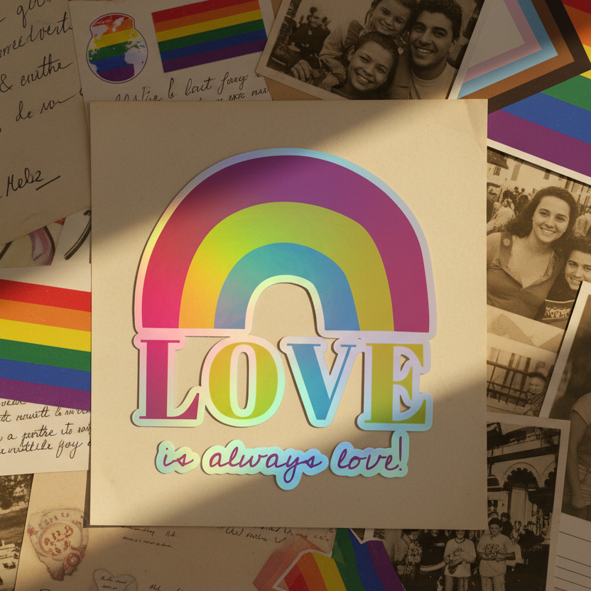 Holographic "Love Is Always Love!" stickers glow on a table with pride flags, rainbow accents, handwritten notes