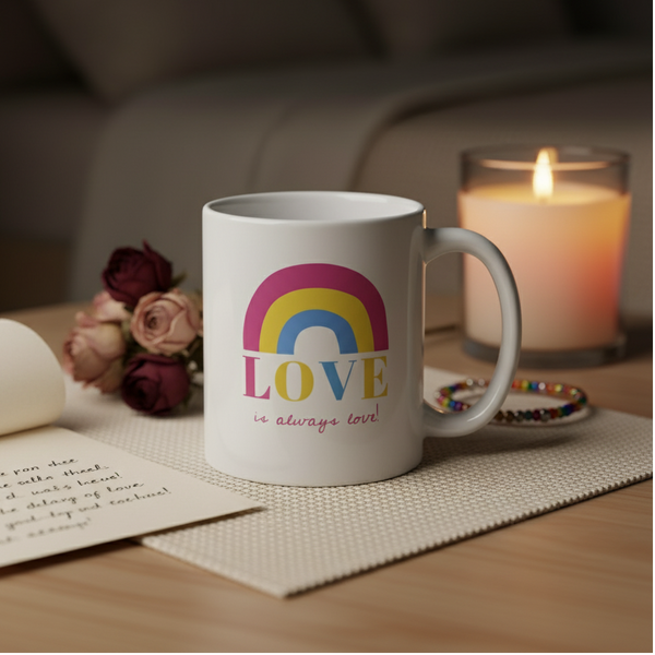 White mug with a rainbow and “LOVE is always love!” beside roses and a lit candle