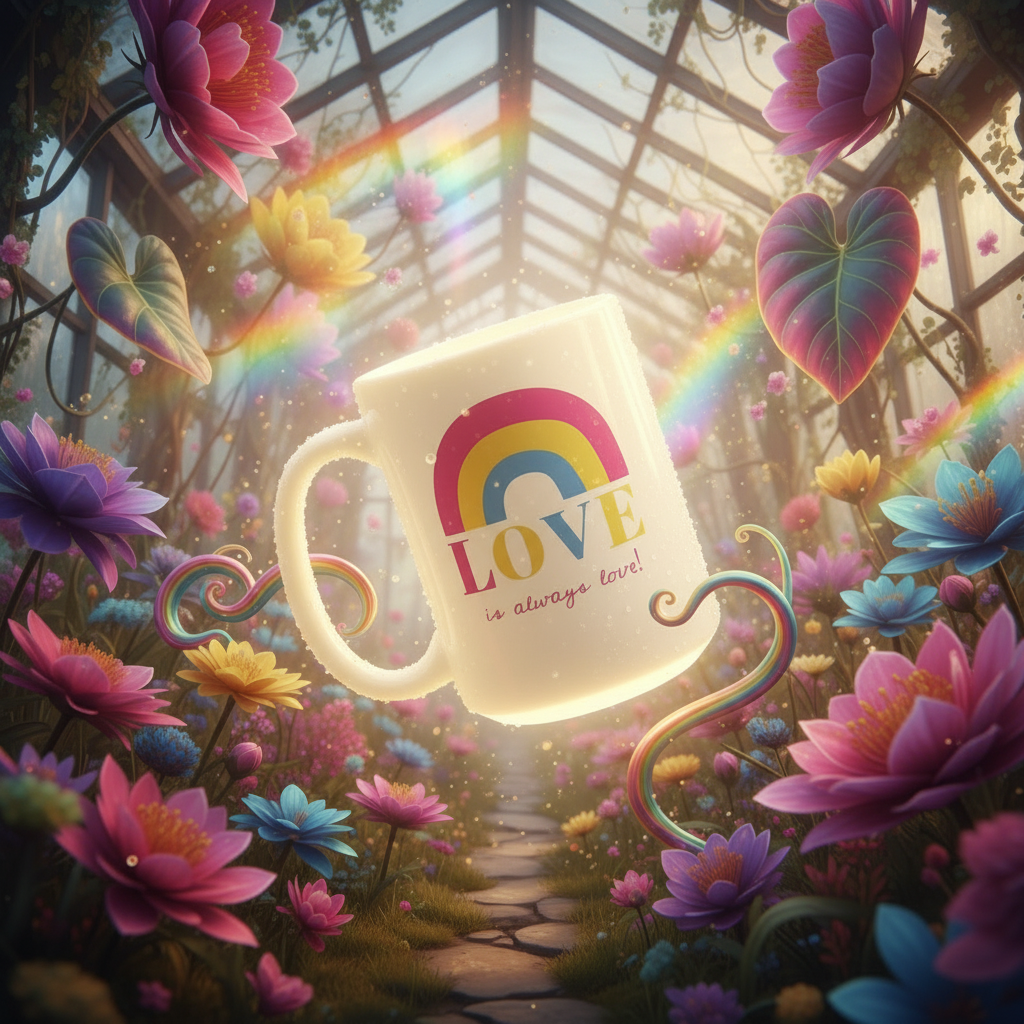 Tilted white mug reading “LOVE is always love,” with a rainbow, in a flower-filled greenhouse