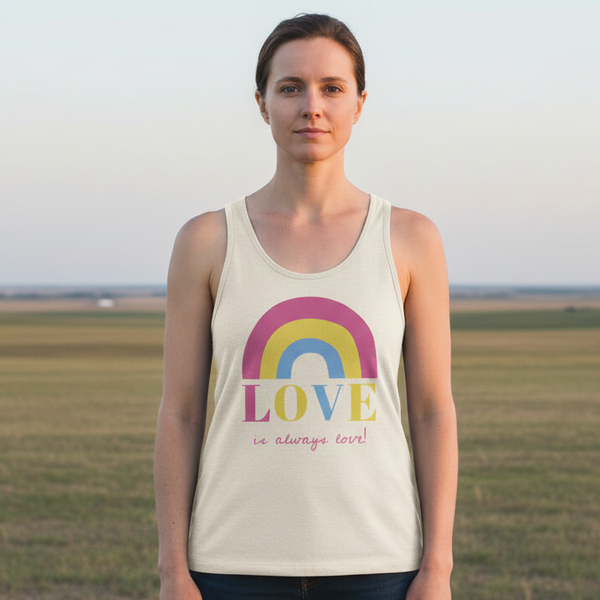 Unisex tank top with a pink, yellow, and blue rainbow and bold 