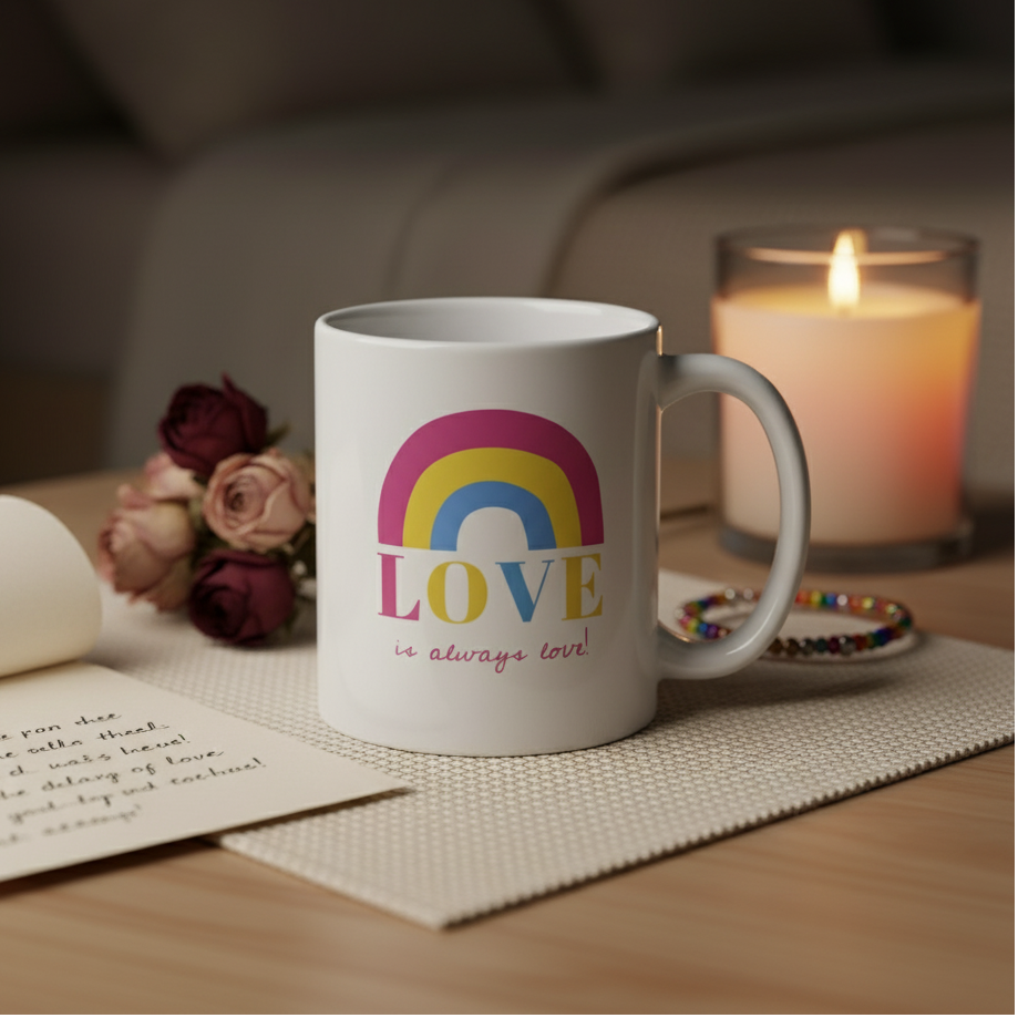 White mug with a rainbow and “LOVE is always love!” beside roses and a lit candle