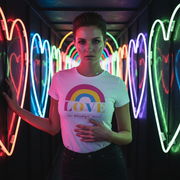 Front-facing person wears a white T-shirt reading “LOVE is always love!” in a neon-lit passageway