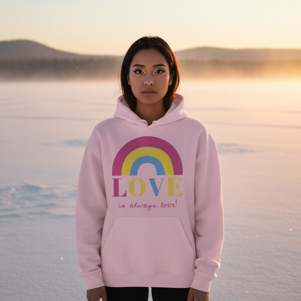 Front-facing person in a pink hoodie with a rainbow and “LOVE is always love!” text, standing on snowy ground at sunset