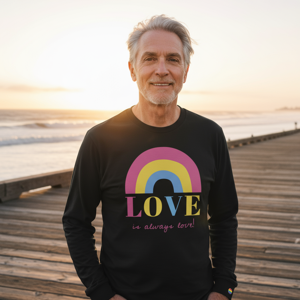 Person models a black long-sleeve shirt with a rainbow and “LOVE is always love!” print