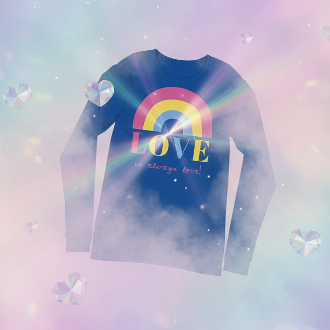 Unisex long sleeve tee with a blue base, rainbow, bold LOVE