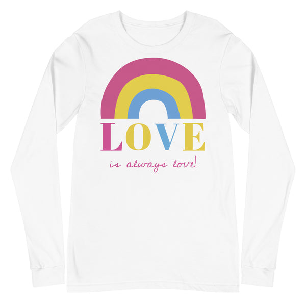 Unisex white crew neck tee with pink, yellow, and blue pansexual pride rainbow, bold LOVE text, cursive 
