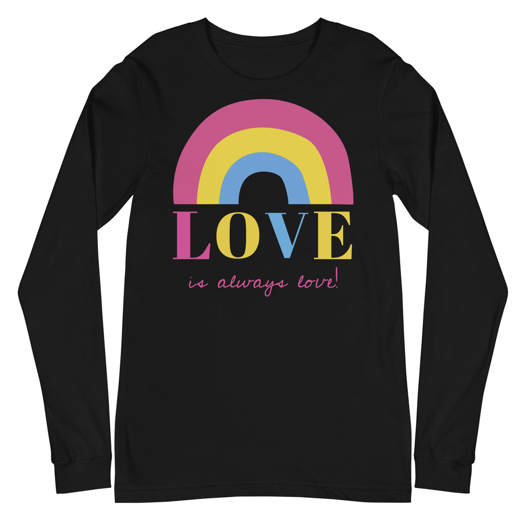 Unisex black long sleeve tee with a pink, yellow, and blue stylized rainbow over LOVE