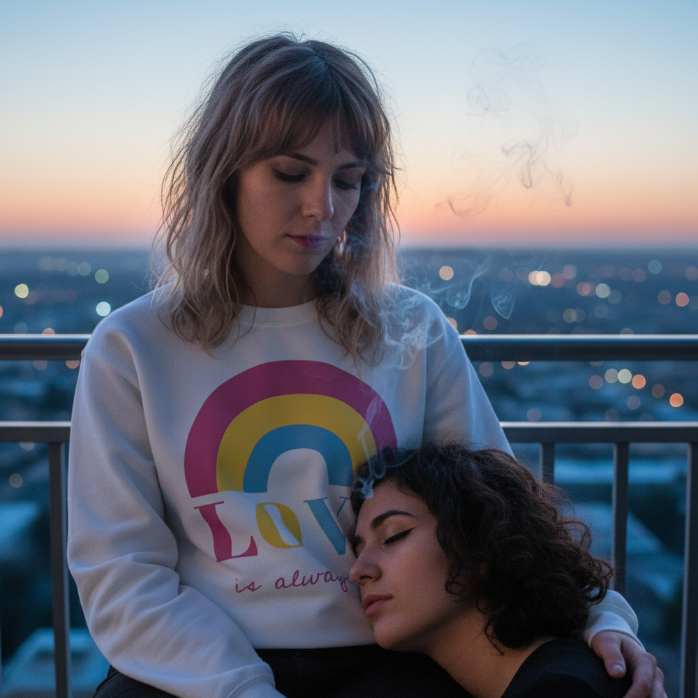 Person wearing White sweatshirt with rainbow graphic; unisex sweatshirt with “Love Is Always Love!” design
