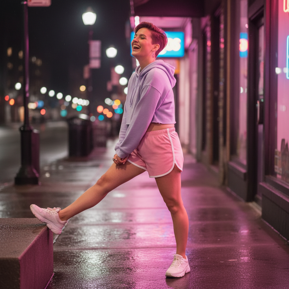 Person stretching in pink athletic shorts and a cropped lilac hoodie on a neon-lit sidewalk