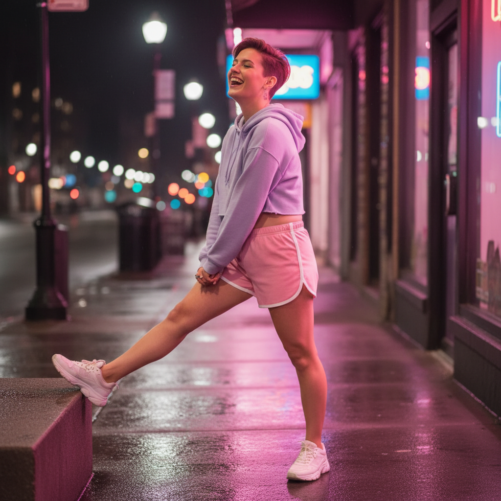 Person stretching in pink athletic shorts and a cropped lilac hoodie on a neon-lit sidewalk