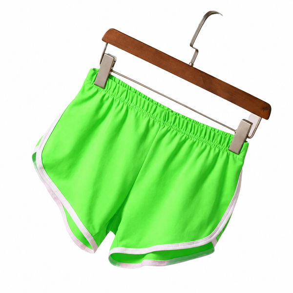 Bright green athletic shorts hanging from a wooden hanger, shown from the front