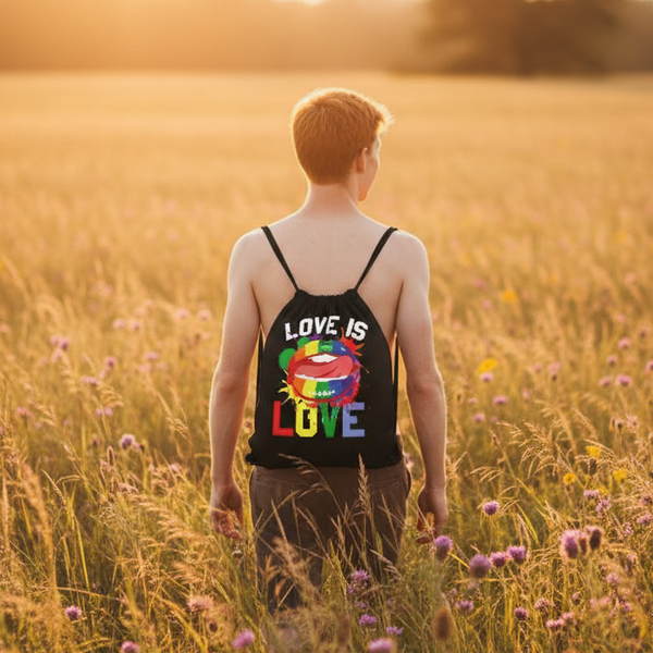 Love Is Love LGBT drawstring bag with a rainbow design, worn by a short-haired person