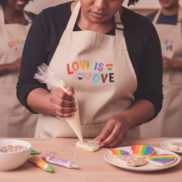 Person decorating rainbow cookies in a cream apron reading “LOVE IS LOVE”