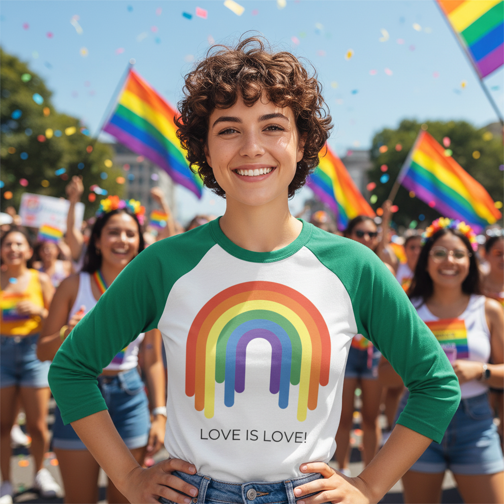 3/4 sleeve raglan shirt with “Love Is Love” slogan, worn by a smiling person amid pride flags, confetti, and parade joy