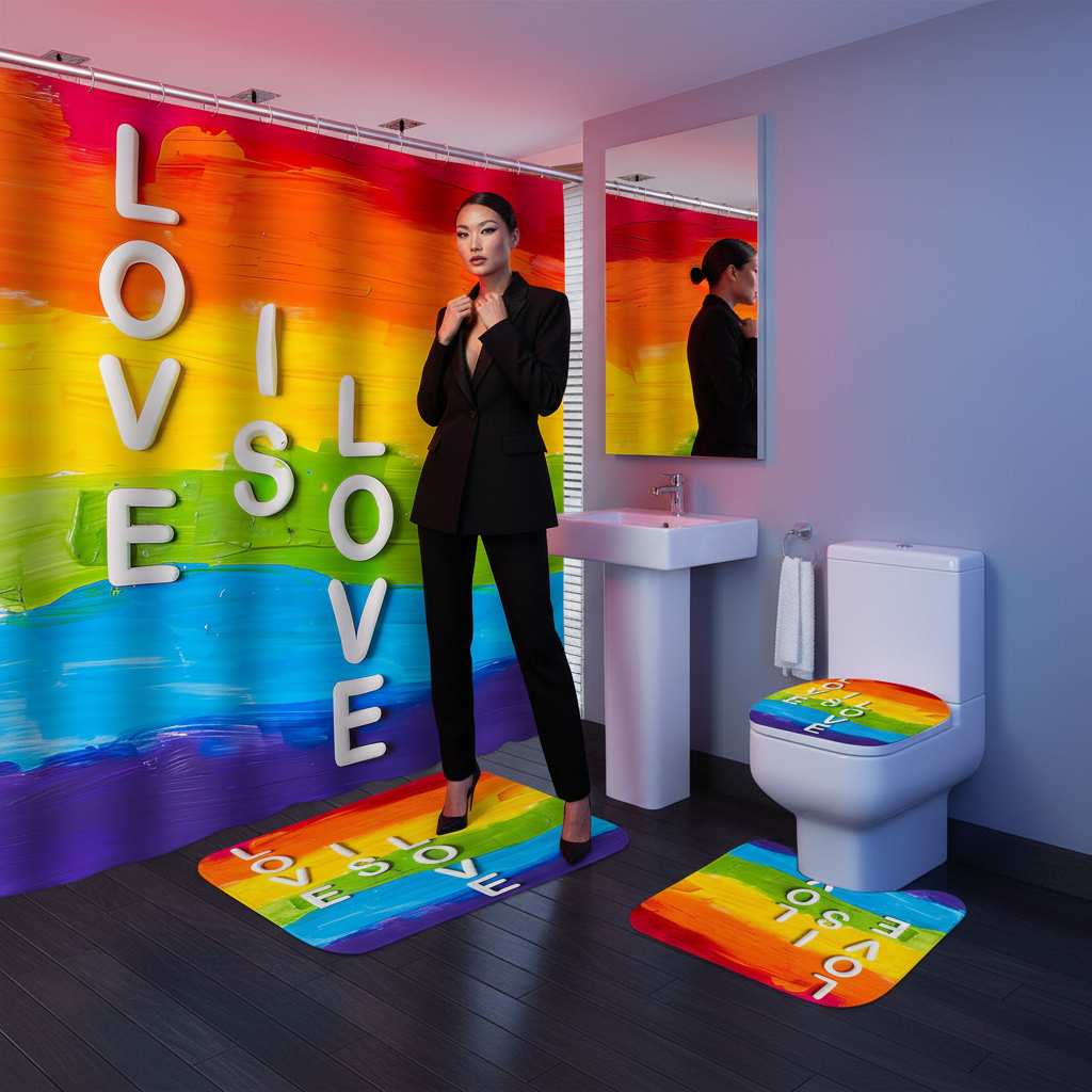 Rainbow Love Is Love bathroom set with shower curtain, toilet cover, and floor mats