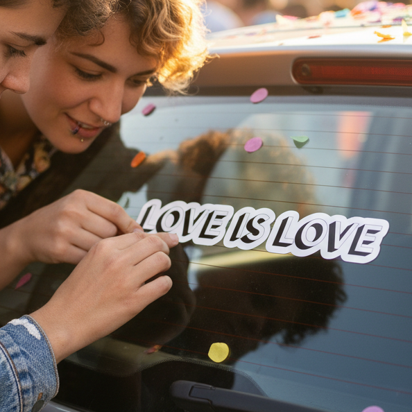 Love Is Love bubble-free sticker being placed on a cars back window by two people, confetti everywhere