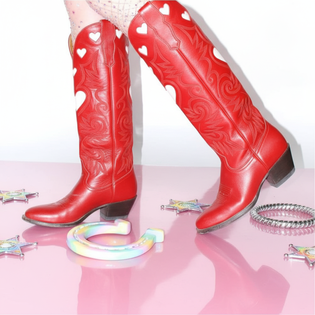 Tall, bright red "Love Is Love" cowboy boots with white hearts and western stitching