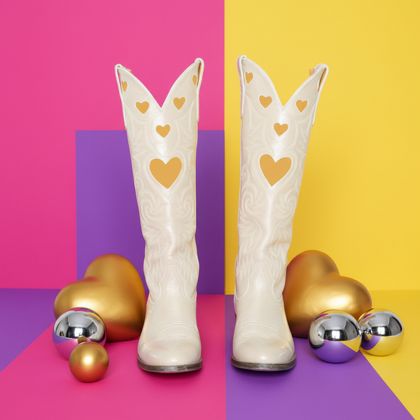 Pair of white cowboy boots with gold heart cutouts, shown front-facing on a colorful set