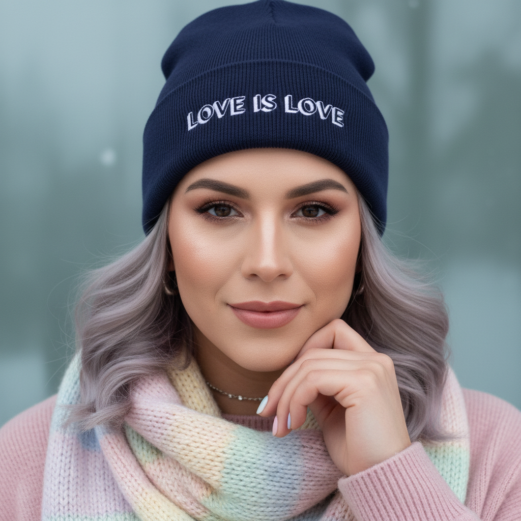 Navy "Love Is Love" embroidered beanie on a person with pastel purple hair, natural makeup, soft smile, pink sweater