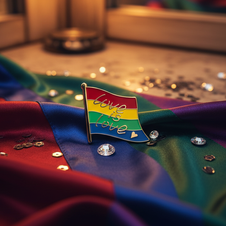 Love is Love rainbow flag enamel pin displayed on draped Pride fabric