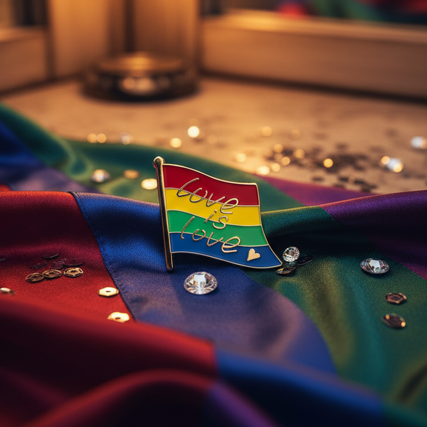 Love is Love rainbow flag enamel pin displayed on draped Pride fabric