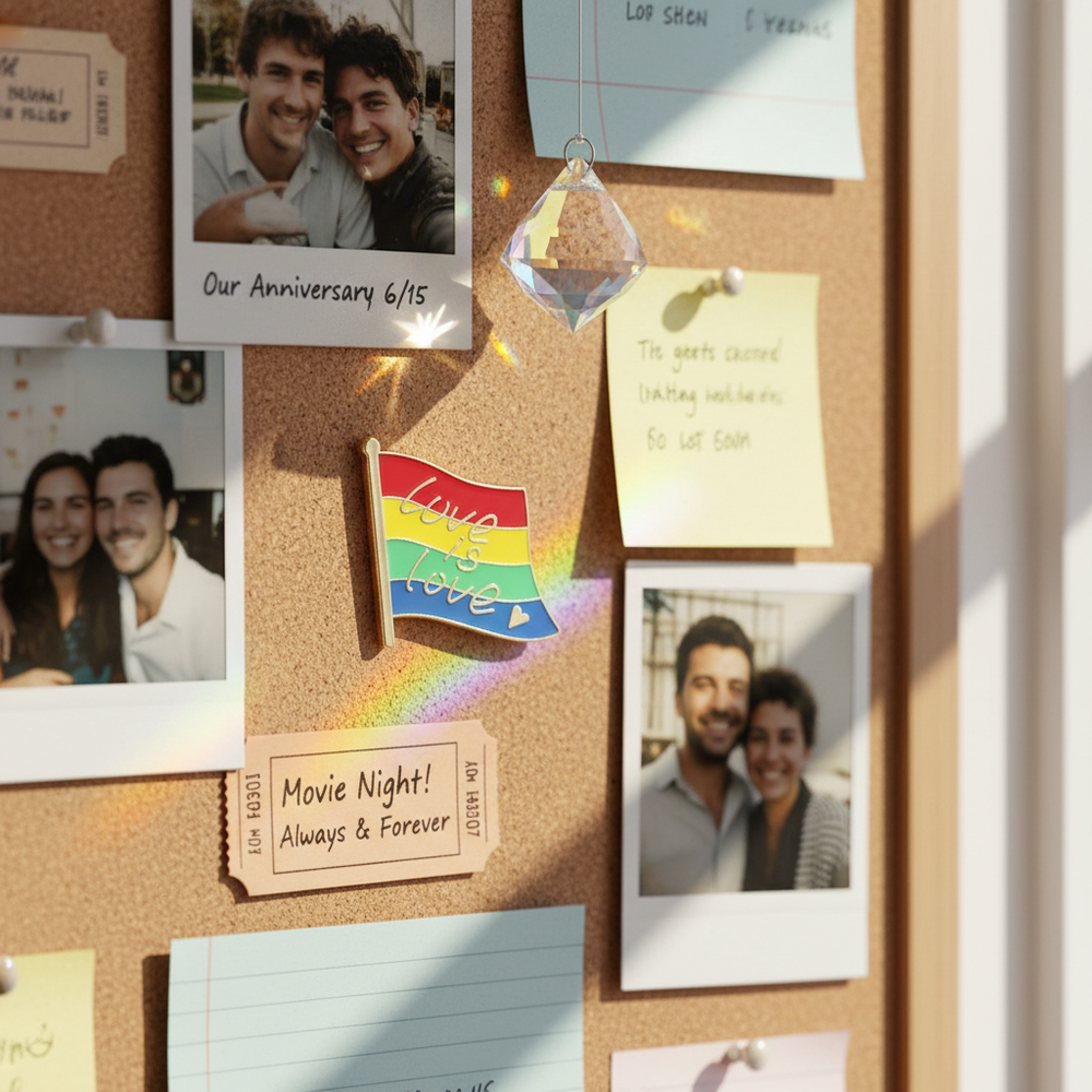 Love is Love rainbow flag enamel pin displayed on a relationship memory board