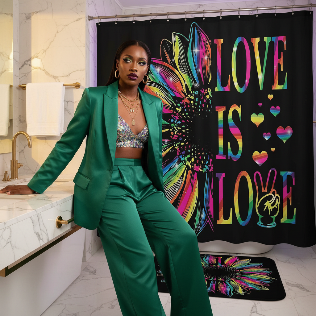 Model beside a black rainbow LOVE IS LOVE shower curtain with butterfly and heart graphics