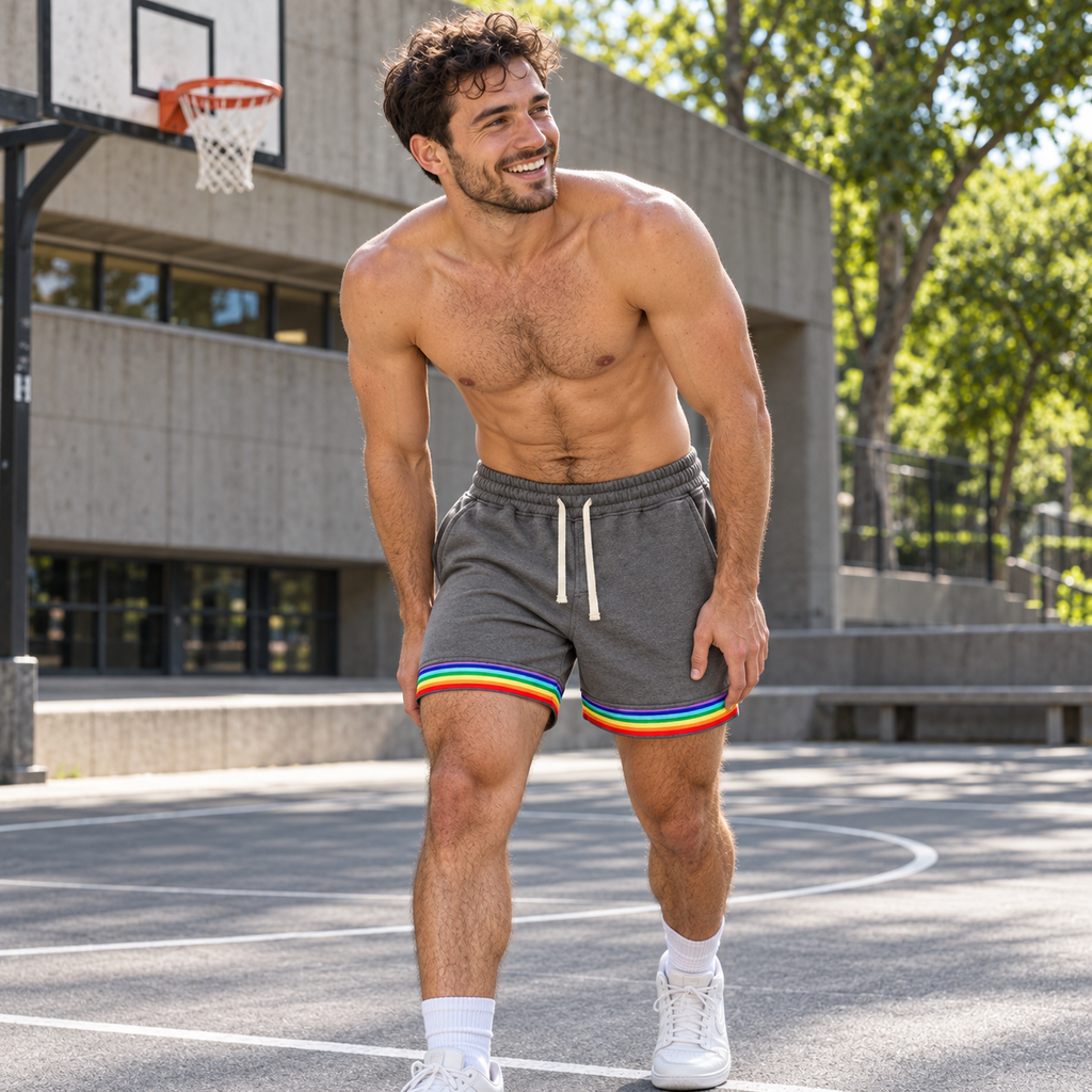 Shirtless man wearing dark gray Love is Love basketball shorts with rainbow hems on a summer court.