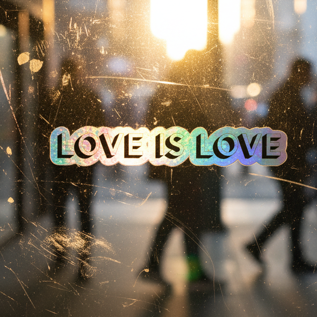 Love Is Love holographic stickers with rainbow “LOVE IS LOVE” text pop on a sunlit, slightly gritty window