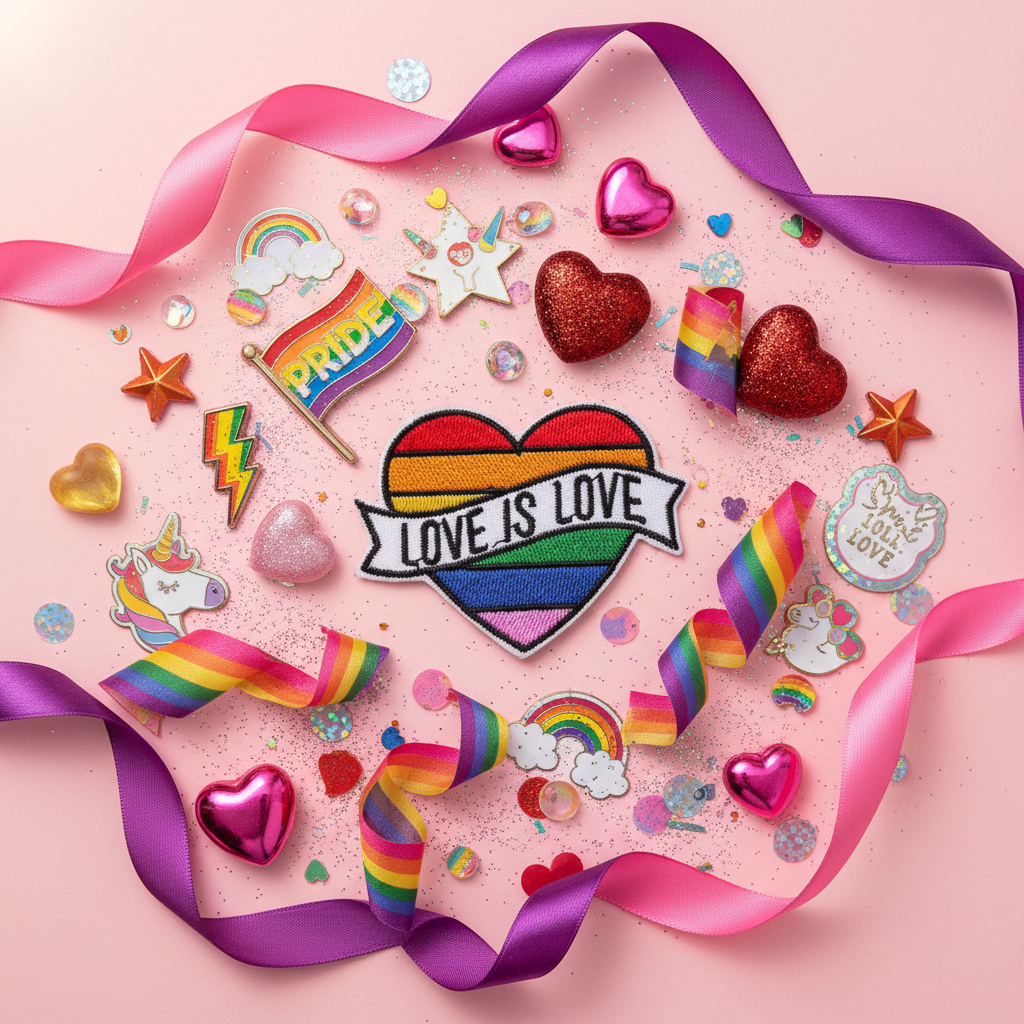 Love Is Love iron-on embroidered patch with rainbow stripes on pink, surrounded by rainbow ribbons, pride pins, hearts