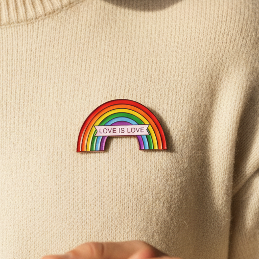 Rainbow enamel pin with a “LOVE IS LOVE” banner on a cream knit sweater