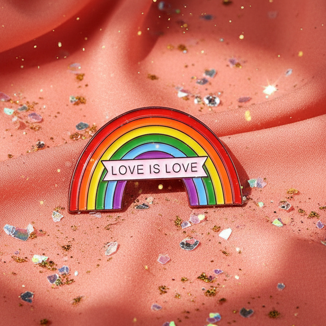 Rainbow enamel pin reading “LOVE IS LOVE” on pink fabric with scattered glitter