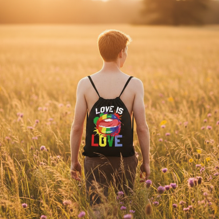Love Is Love LGBT drawstring bag with a rainbow design, worn by a short-haired person