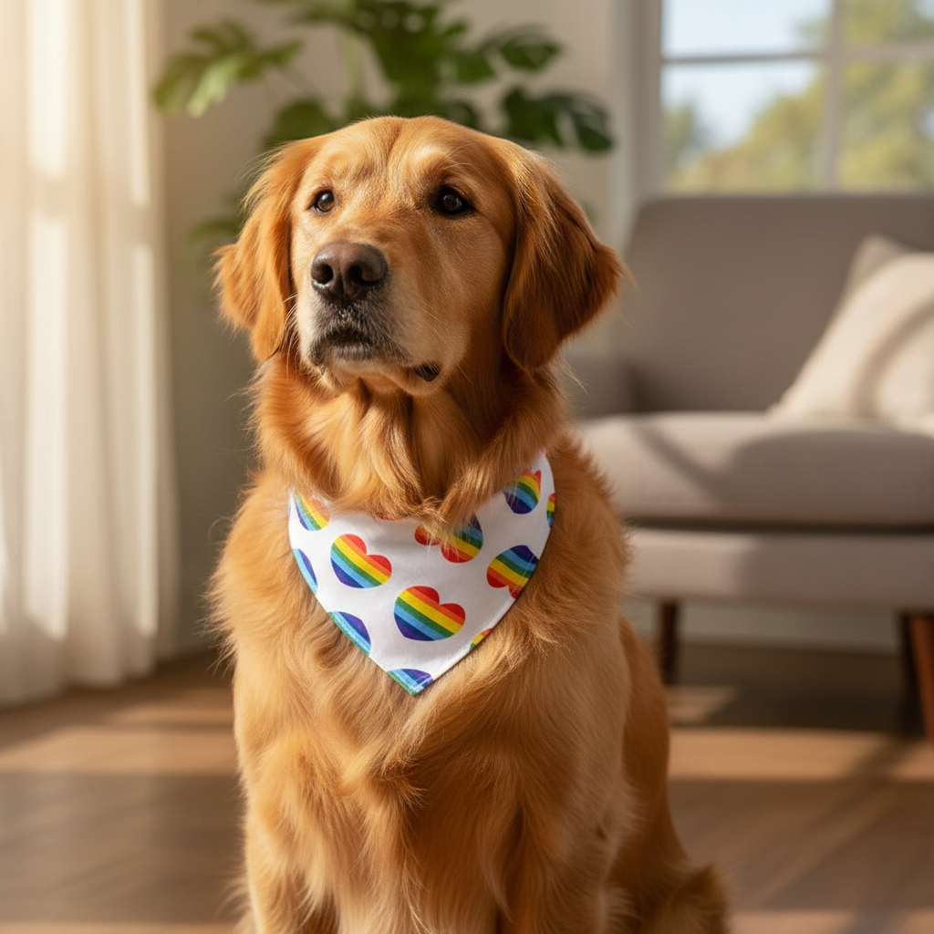 Love is Love LGBT Pride dog bandana with rainbow-striped hearts on a golden retriever, cozy sunlit room, beige chair