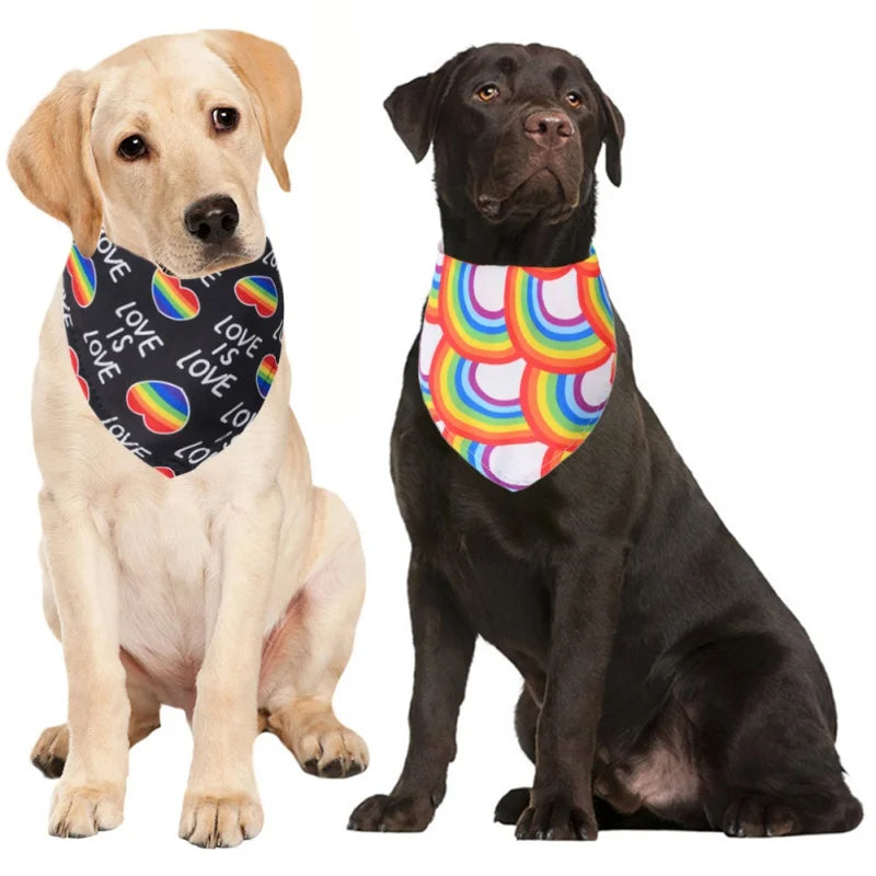 Two seated Labrador retrievers wear Pride bandanas: one says “LOVE” with rainbow hearts, the other has rainbow arches.