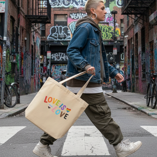 Person walking across a graffiti-lined street carrying a tote reading “LOVE IS LOVE”