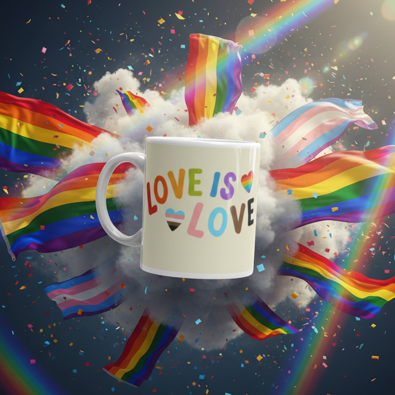 White mug reading “LOVE IS LOVE,” with rainbow and transgender symbols, amid pride flags