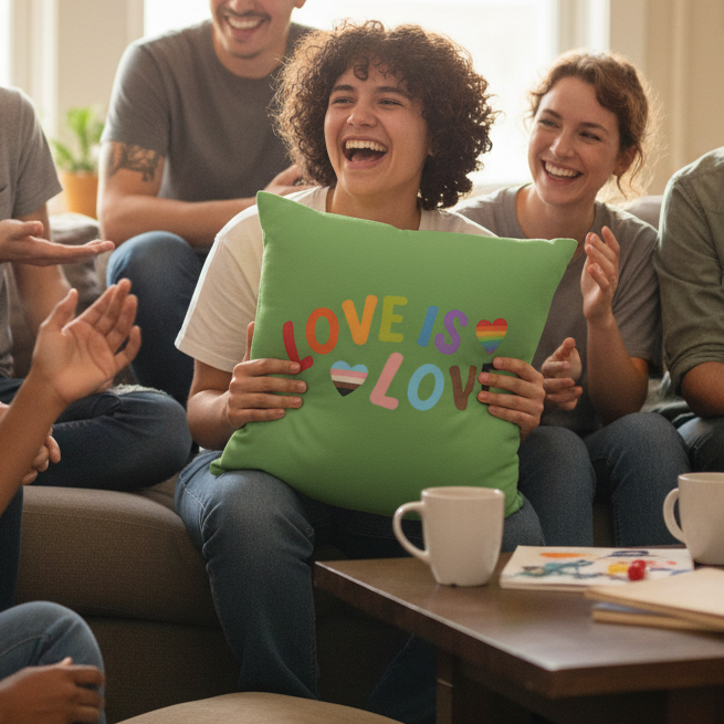 Young adults gather, laughing. At the center, one holds a "Love Is Love" LGBTQ pillow with colorful text