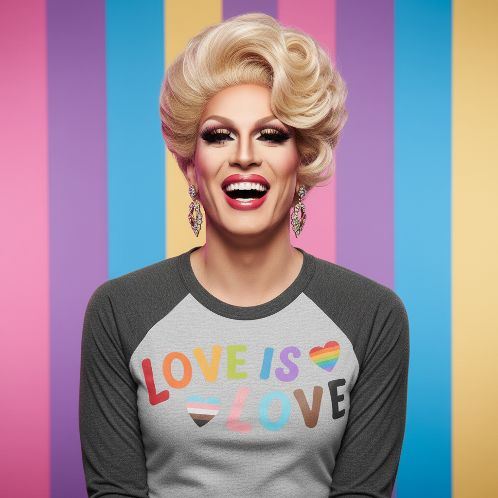 Love is Love LGBTQ 3/4 sleeve raglan shirt on a smiling drag queen with big blonde hair; pastel stripes in yellow, blue