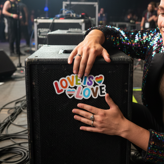 A glittery-sleeved, ring-adorned hand sticks a “Love is Love” LGBTQ rainbow-heart bubble sticker on a backstage speaker
