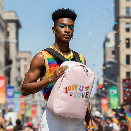 Love is Love LGBTQ Minimalist Backpack held by a person in a rainbow knit top at Pride, confetti and flags celebrate love