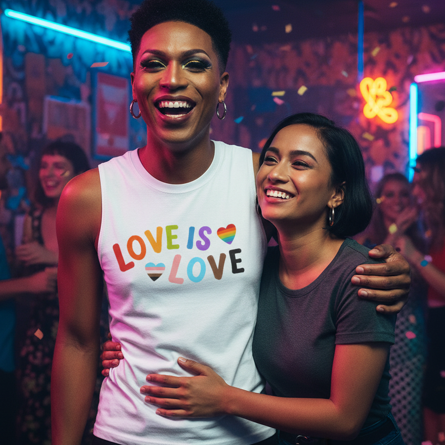Love Is Love LGBTQ muscle top with rainbow and pride flags, worn at a neon-lit queer party; confetti