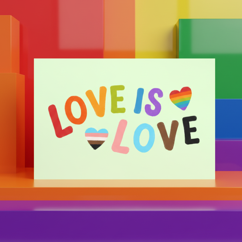 LGBTQ+ postcard with “Love Is Love” in rainbow colors, Progress flag and rainbow hearts on light green with bold 3D pride