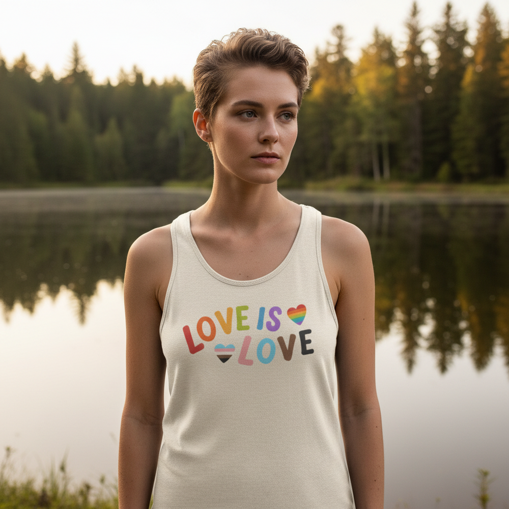 Love Is Love LGBTQ unisex tank top with multicolor "Love Is Love" text and Pride hearts, worn lakeside by a person at dusk