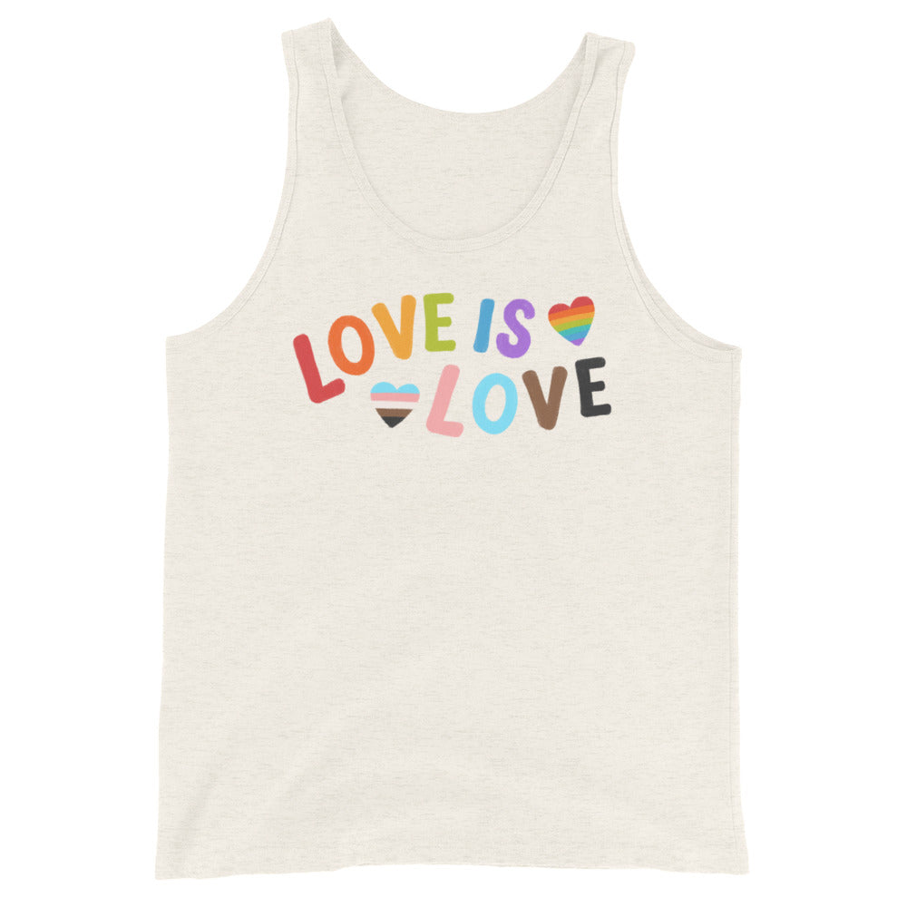 Front view of an off-white tank top reading “LOVE IS LOVE” with rainbow heart icons