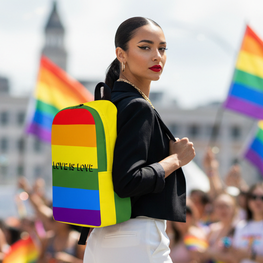 Love is Love Minimalist Backpack slung on a person in black jacket and white pants; rainbow flags and cheering crowd