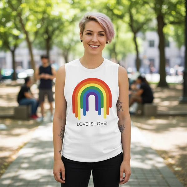 Love Is Love muscle top showing a rainbow and 