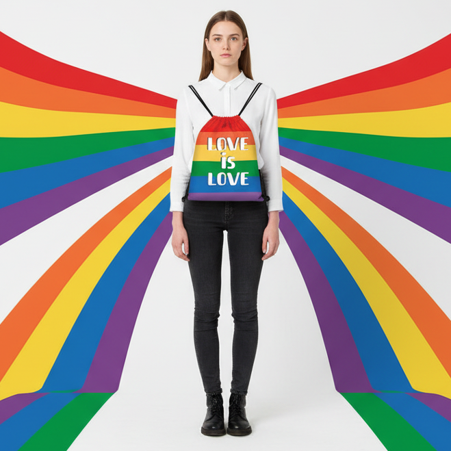 Love Is Love Pride drawstring bag held by a person in a rainbow shirt, with rainbow wings behind
